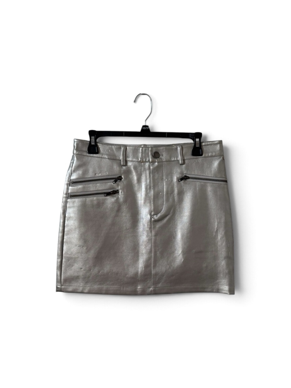 Rebecca Minkoff Metallic Silver Faux Leather Mini Skirt with Zip Pockets
